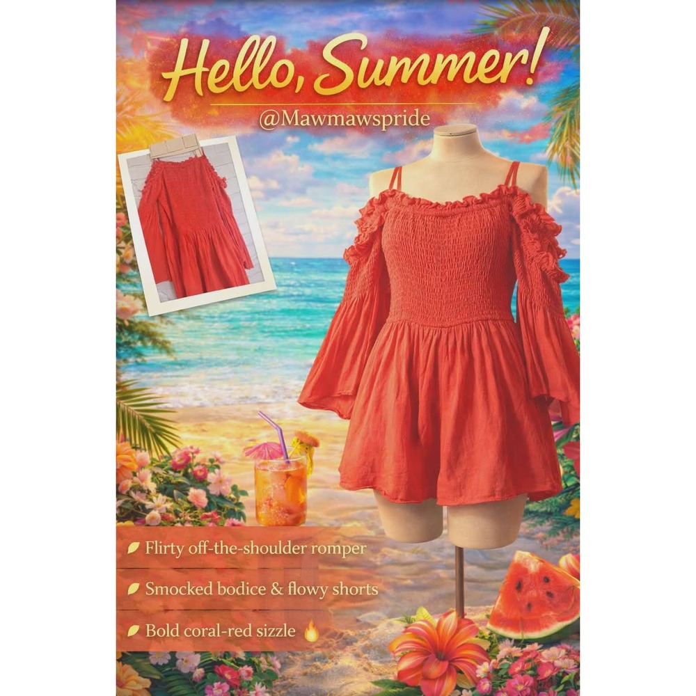 Sis Sis Coral Red Smocked Off Shoulder Bell Sleeve Romper Small Boho Summer